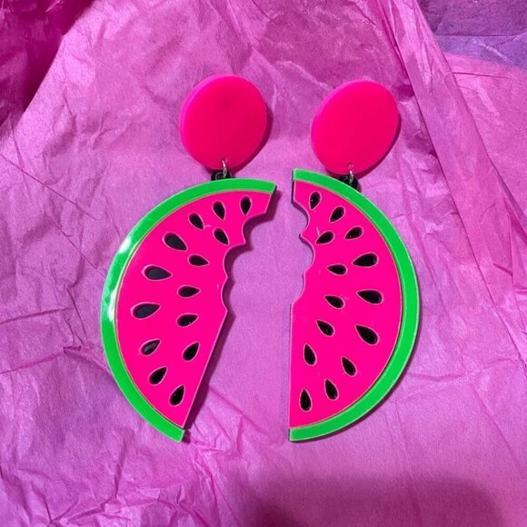90s Neon Pink and Green Watermelon Slice Statement Earrings - Picture 3 of 13